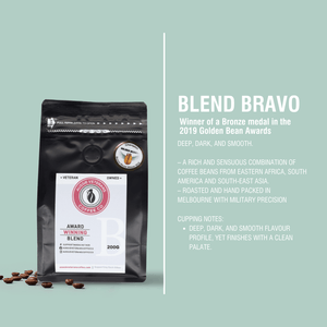 Individual AVCC blend sample bag closeup — 100% Arabica, Melbourne roasted